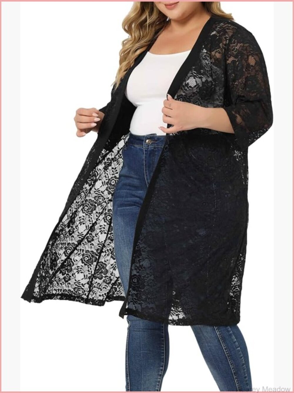 Plus Size Crochet Lace Cardigan Open Front 3/4 Sleeve Cover Up Jacket